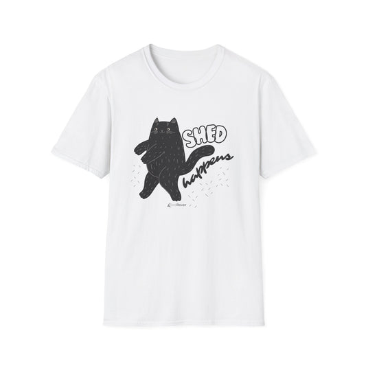 (ULTRA SHED EDITION) White - Walking Furball "Shed Happens” Dancing Cat Unisex Graphic Tee