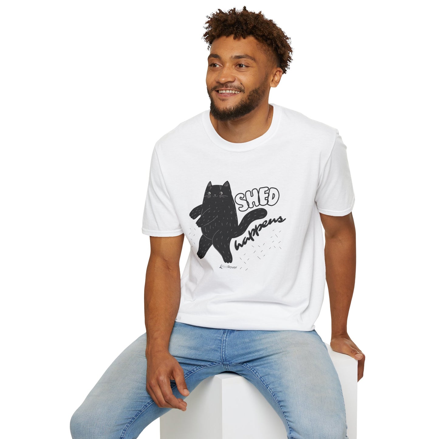 (ULTRA SHED EDITION) White - Walking Furball "Shed Happens” Dancing Cat Unisex Graphic Tee