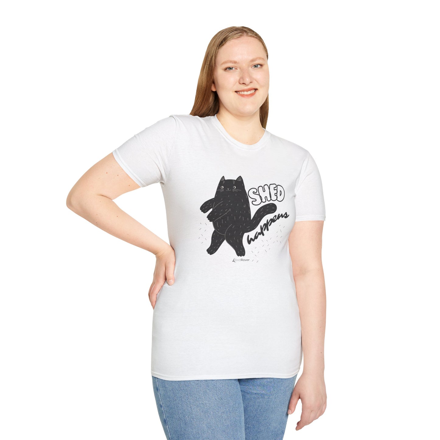 (ULTRA SHED EDITION) White - Walking Furball "Shed Happens” Dancing Cat Unisex Graphic Tee