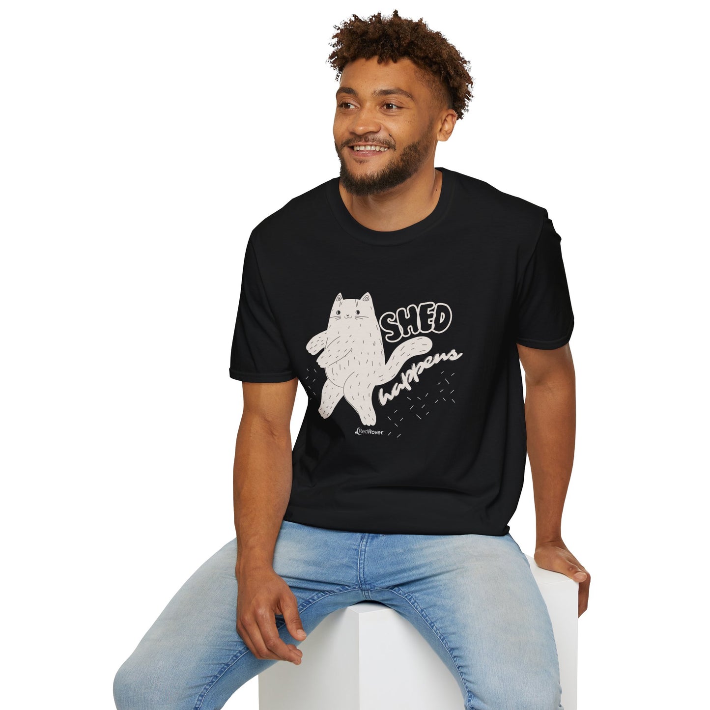 (ULTRA SHED EDITION) Black - Walking Furball "Shed Happens” Dancing Cat Unisex Graphic Tee