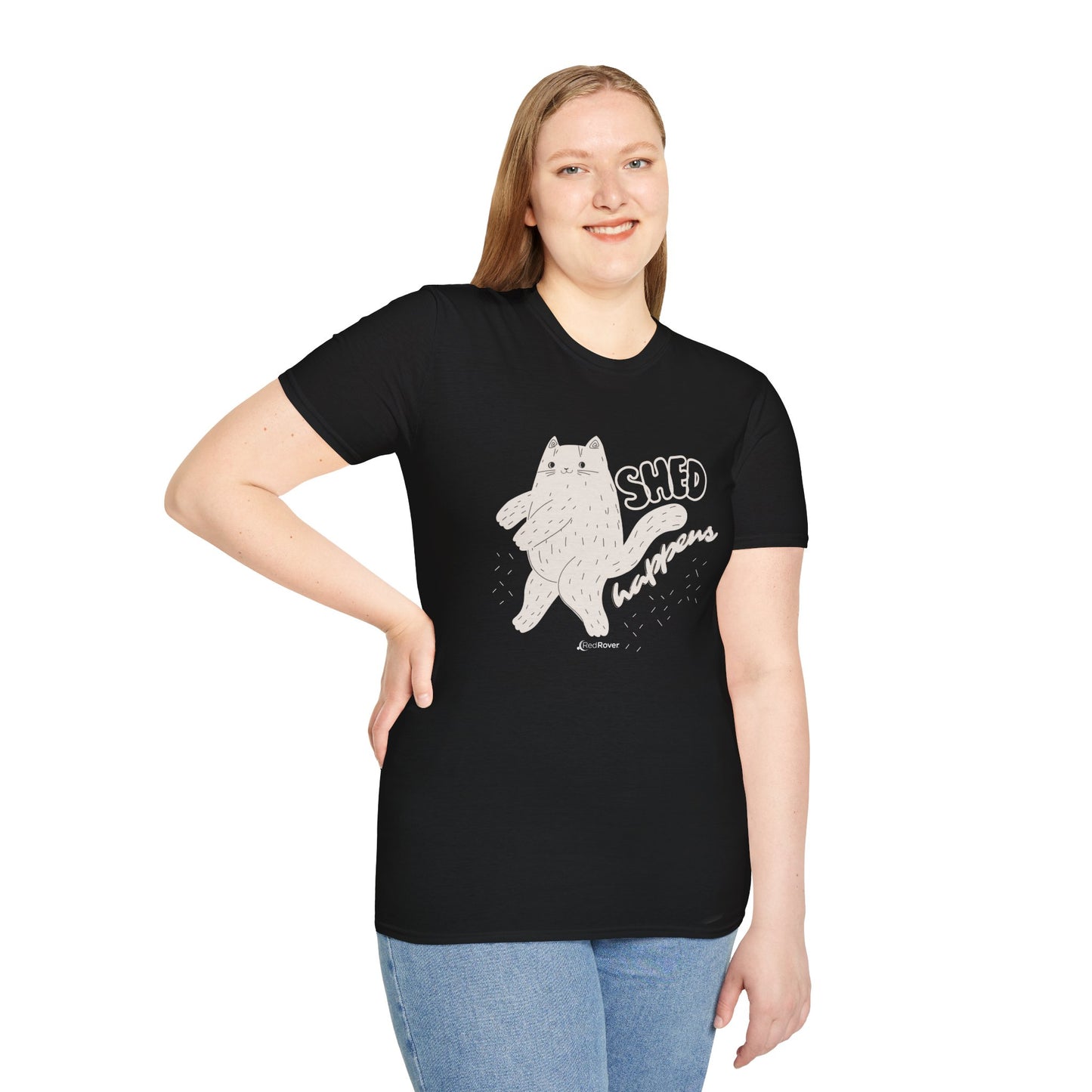 (ULTRA SHED EDITION) Black - Walking Furball "Shed Happens” Dancing Cat Unisex Graphic Tee